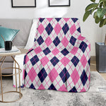 White Pink And Blue Argyle Pattern Print Blanket