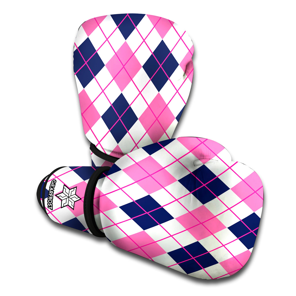 White Pink And Blue Argyle Pattern Print Boxing Gloves