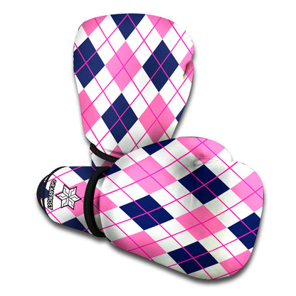 White Pink And Blue Argyle Pattern Print Boxing Gloves
