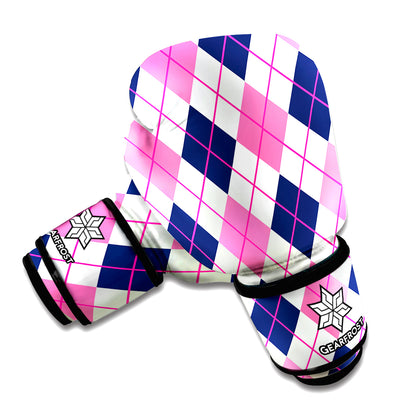 White Pink And Blue Argyle Pattern Print Boxing Gloves
