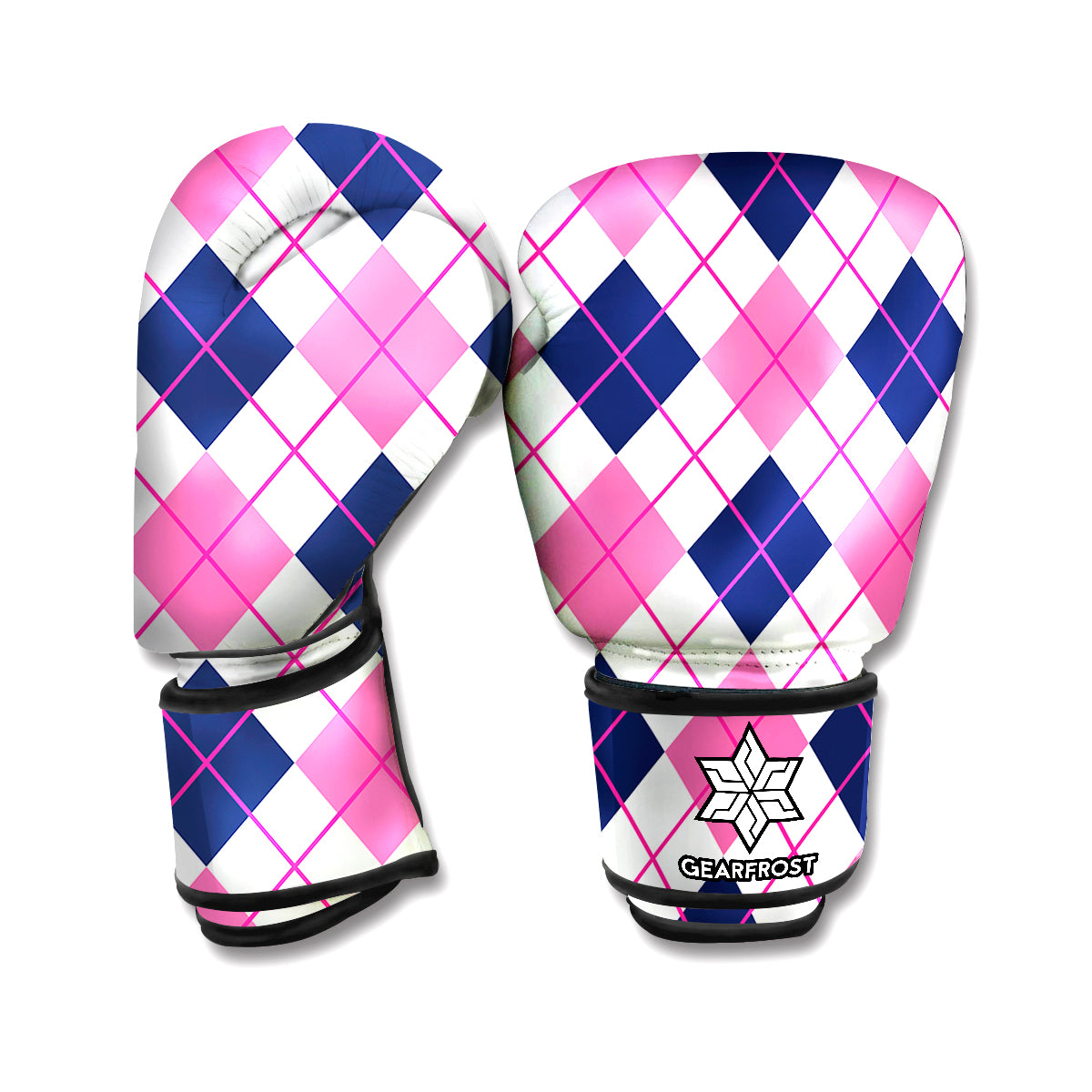 White Pink And Blue Argyle Pattern Print Boxing Gloves