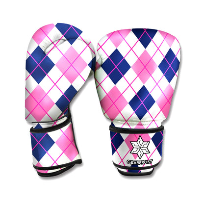 White Pink And Blue Argyle Pattern Print Boxing Gloves