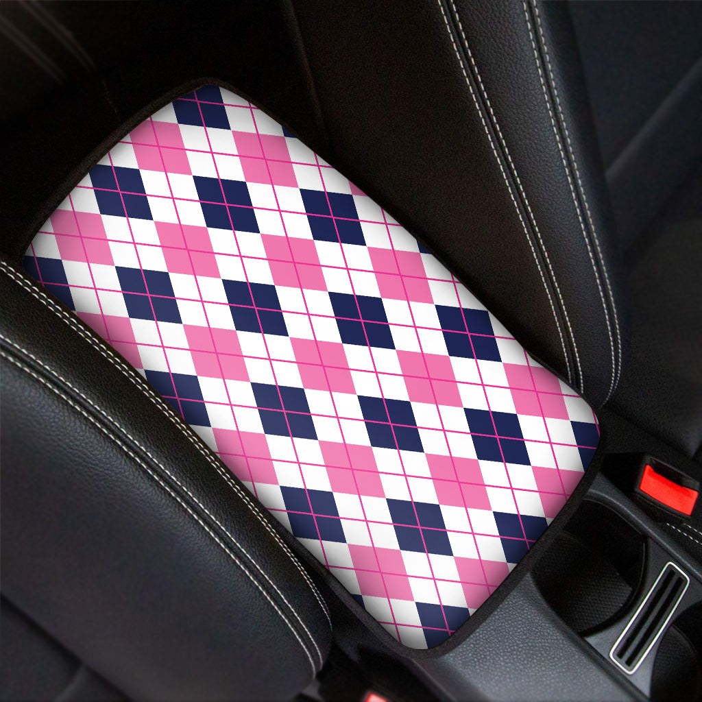 White Pink And Blue Argyle Pattern Print Car Center Console Cover