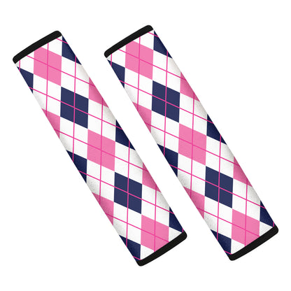 White Pink And Blue Argyle Pattern Print Car Seat Belt Covers