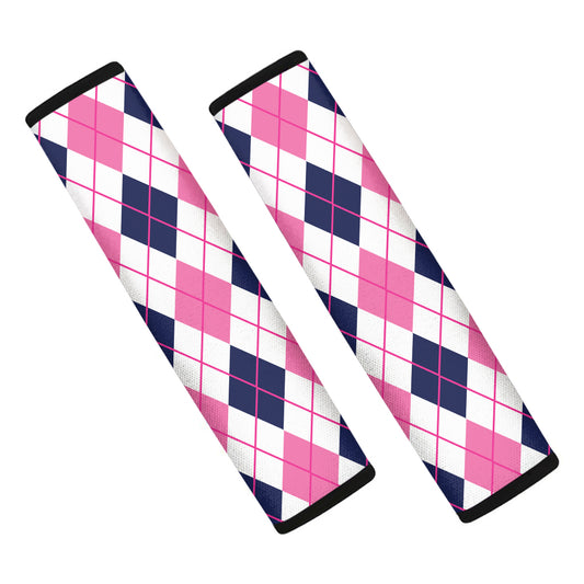White Pink And Blue Argyle Pattern Print Car Seat Belt Covers