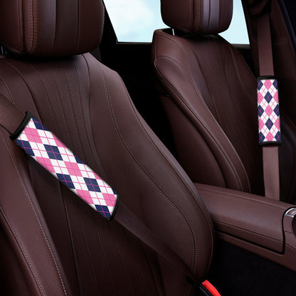 White Pink And Blue Argyle Pattern Print Car Seat Belt Covers