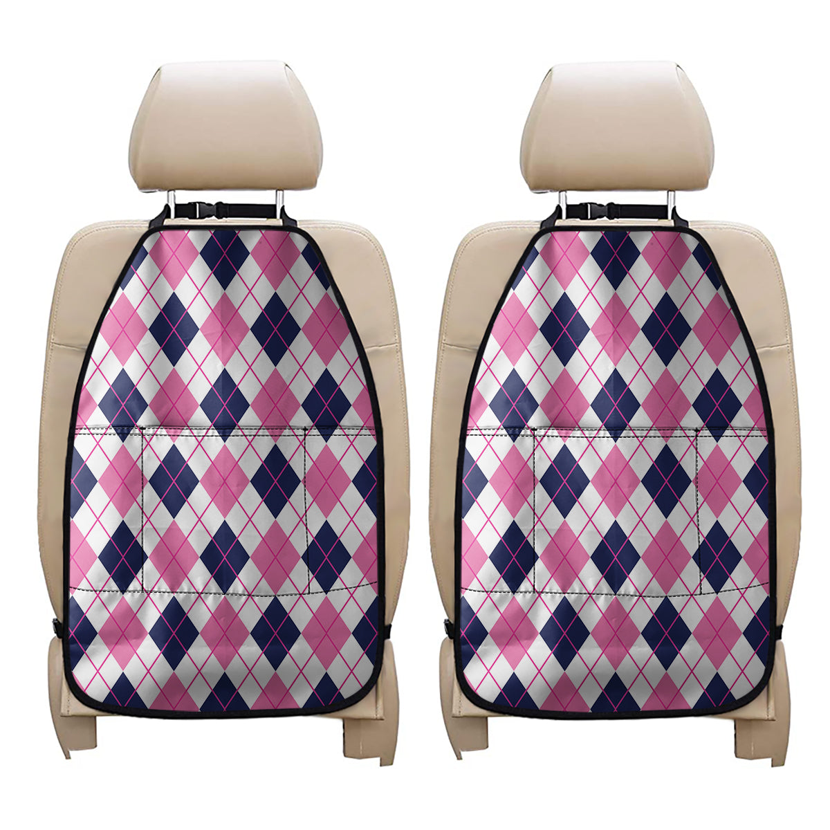 White Pink And Blue Argyle Pattern Print Car Seat Organizers