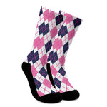 White Pink And Blue Argyle Pattern Print Crew Socks
