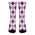 White Pink And Blue Argyle Pattern Print Crew Socks