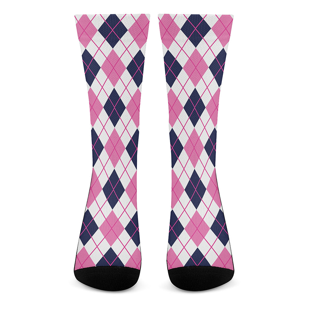 White Pink And Blue Argyle Pattern Print Crew Socks