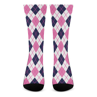 White Pink And Blue Argyle Pattern Print Crew Socks