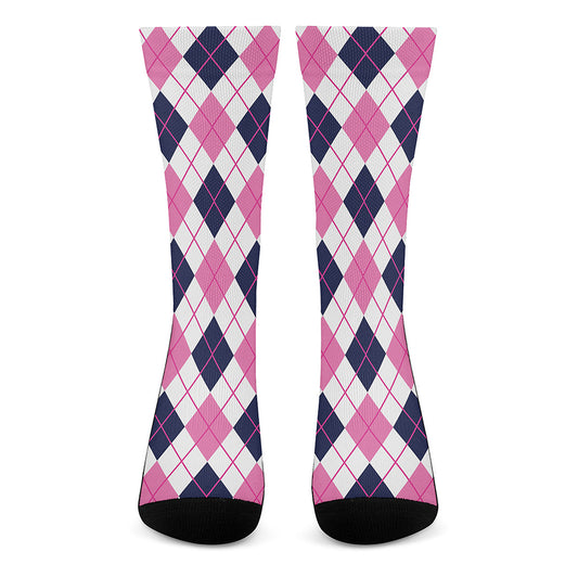 White Pink And Blue Argyle Pattern Print Crew Socks