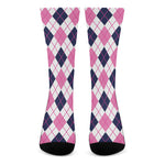 White Pink And Blue Argyle Pattern Print Crew Socks