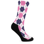 White Pink And Blue Argyle Pattern Print Crew Socks