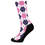 White Pink And Blue Argyle Pattern Print Crew Socks