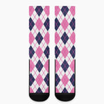 White Pink And Blue Argyle Pattern Print Crew Socks