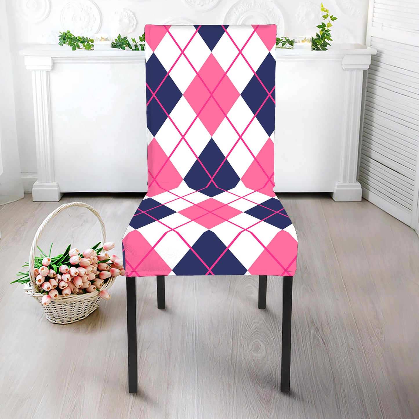 White Pink And Blue Argyle Pattern Print Dining Chair Slipcover