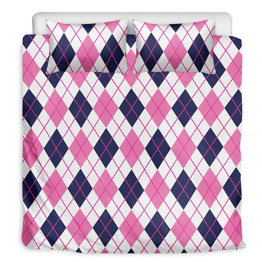 White Pink And Blue Argyle Pattern Print Duvet Cover Bedding Set