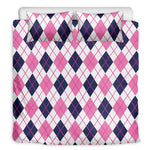 White Pink And Blue Argyle Pattern Print Duvet Cover Bedding Set
