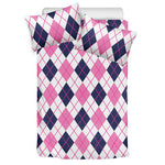 White Pink And Blue Argyle Pattern Print Duvet Cover Bedding Set