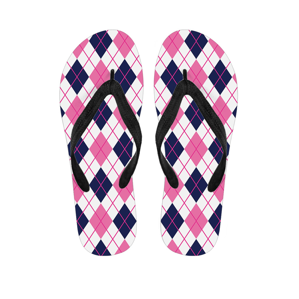 White Pink And Blue Argyle Pattern Print Flip Flops