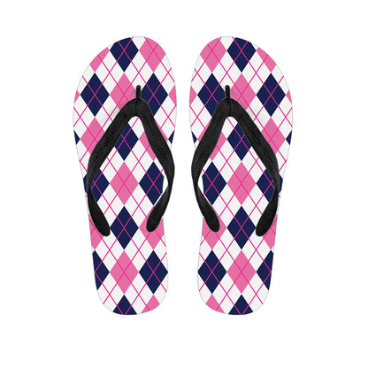 White Pink And Blue Argyle Pattern Print Flip Flops