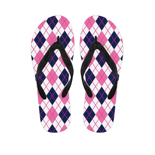 White Pink And Blue Argyle Pattern Print Flip Flops