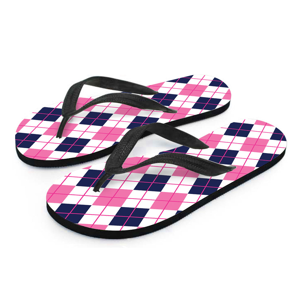 White Pink And Blue Argyle Pattern Print Flip Flops