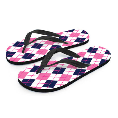 White Pink And Blue Argyle Pattern Print Flip Flops