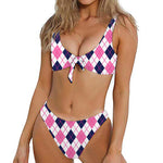 White Pink And Blue Argyle Pattern Print Front Bow Tie Bikini