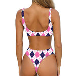 White Pink And Blue Argyle Pattern Print Front Bow Tie Bikini