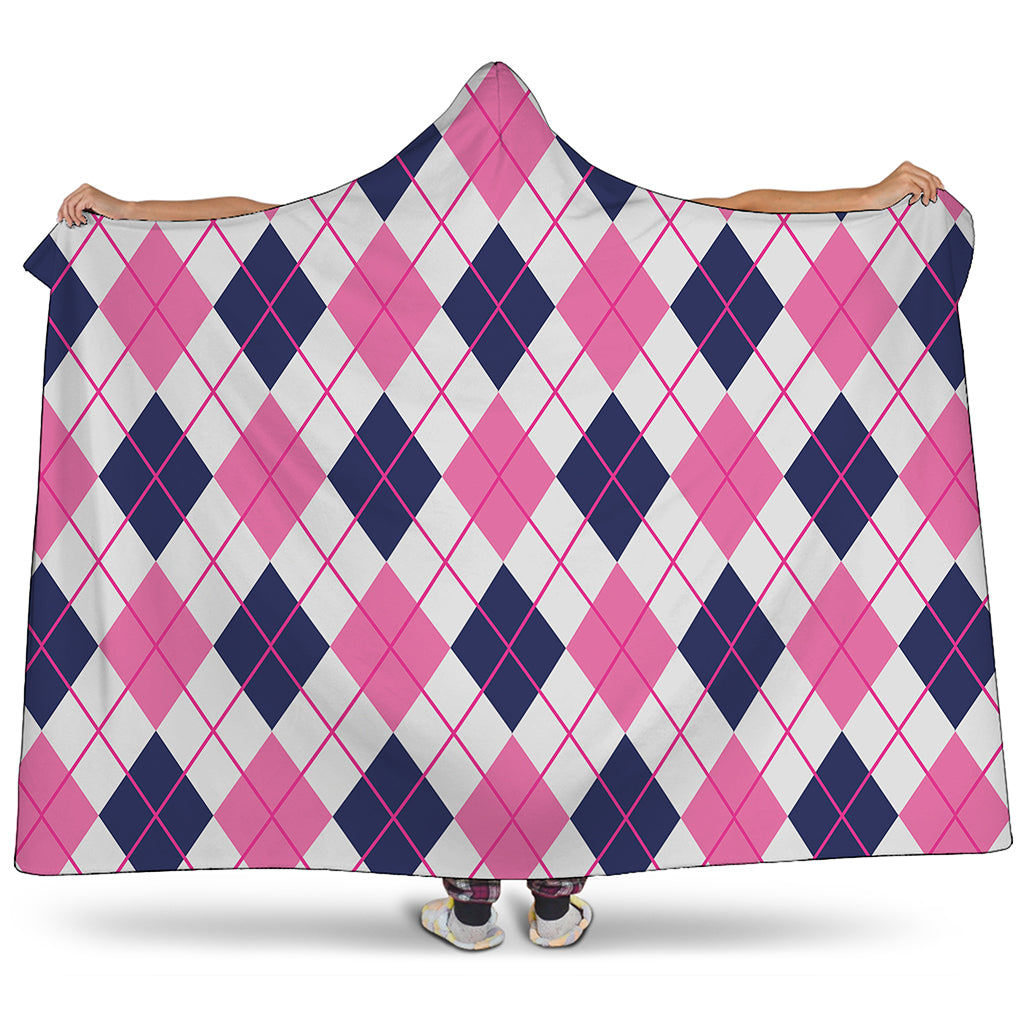 White Pink And Blue Argyle Pattern Print Hooded Blanket