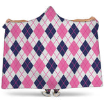 White Pink And Blue Argyle Pattern Print Hooded Blanket