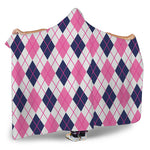 White Pink And Blue Argyle Pattern Print Hooded Blanket