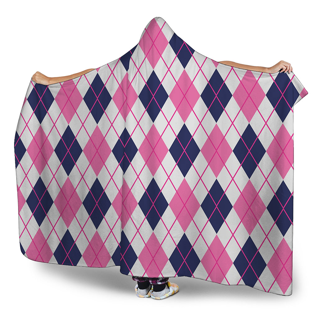 White Pink And Blue Argyle Pattern Print Hooded Blanket