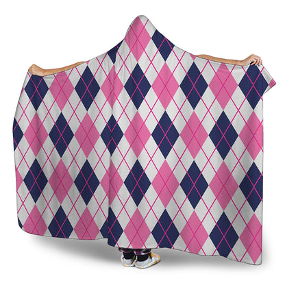 White Pink And Blue Argyle Pattern Print Hooded Blanket