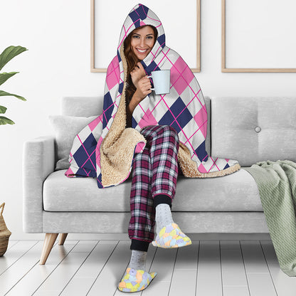 White Pink And Blue Argyle Pattern Print Hooded Blanket