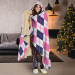 White Pink And Blue Argyle Pattern Print Hooded Blanket