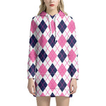 White Pink And Blue Argyle Pattern Print Hoodie Dress