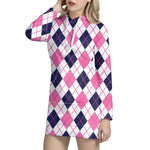 White Pink And Blue Argyle Pattern Print Hoodie Dress