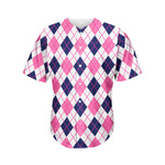 White Pink And Blue Argyle Pattern Print Men's Baseball Jersey