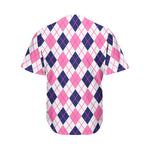 White Pink And Blue Argyle Pattern Print Men's Baseball Jersey