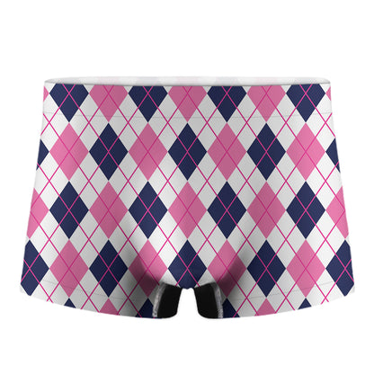 White Pink And Blue Argyle Pattern Print Men's Boxer Briefs