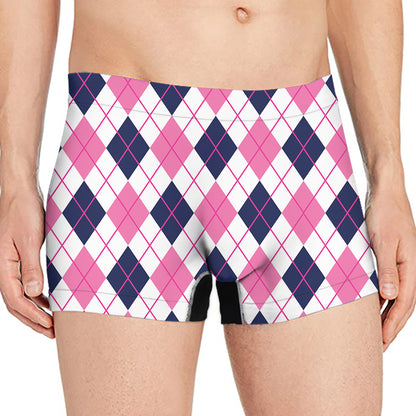 White Pink And Blue Argyle Pattern Print Men's Boxer Briefs