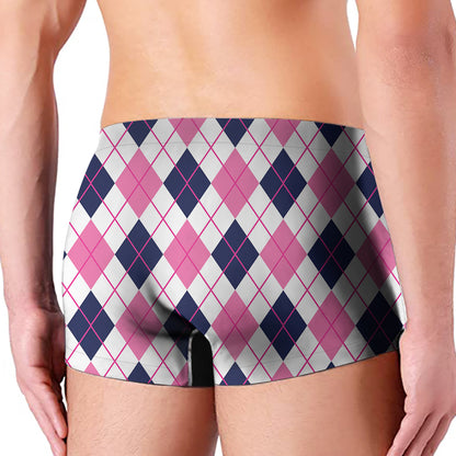 White Pink And Blue Argyle Pattern Print Men's Boxer Briefs