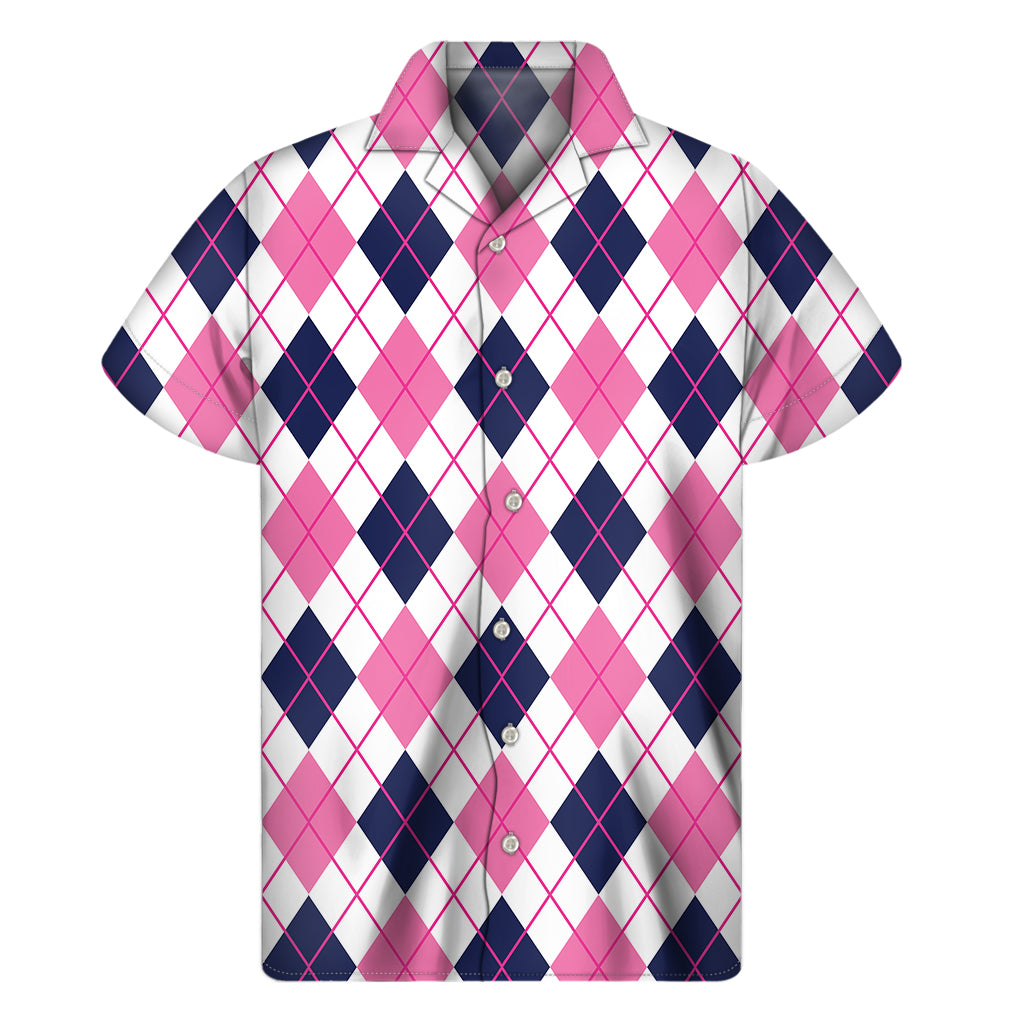 White Pink And Blue Argyle Pattern Print Men's Short Sleeve Shirt