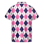 White Pink And Blue Argyle Pattern Print Men's Short Sleeve Shirt
