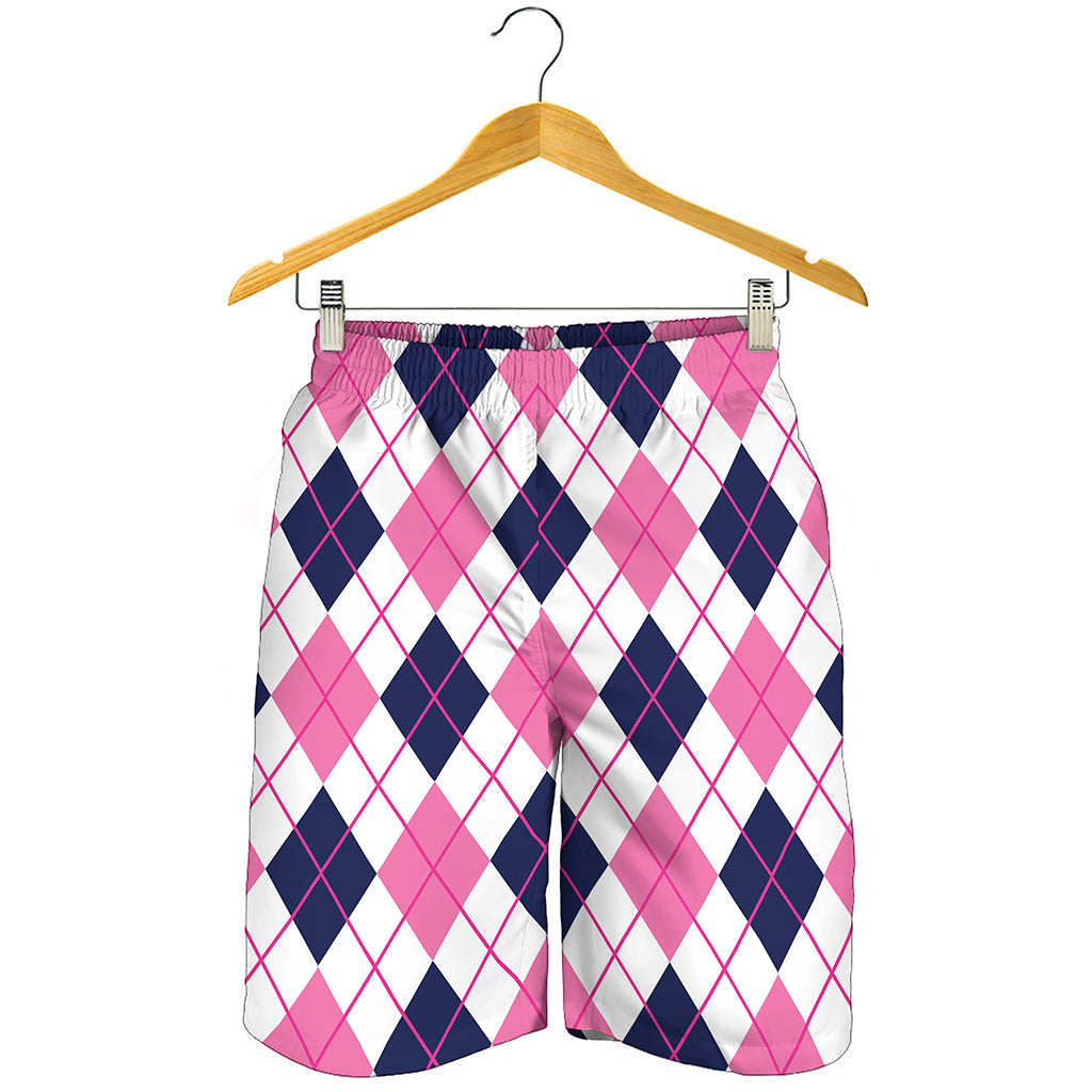 White Pink And Blue Argyle Pattern Print Men's Shorts