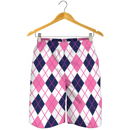 White Pink And Blue Argyle Pattern Print Men's Shorts
