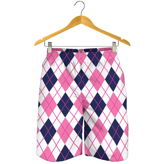 White Pink And Blue Argyle Pattern Print Men's Shorts